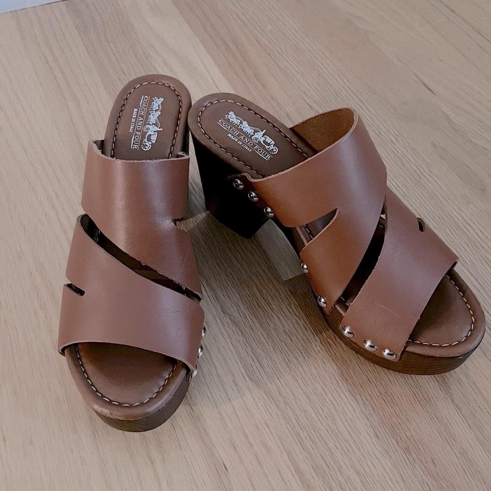 Coach Leather Clog Mules with Wooden Sole NEW